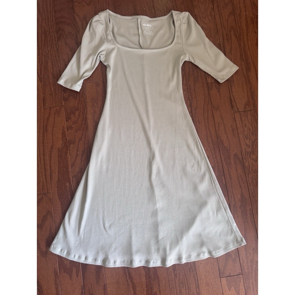 OGL Move Women's Ribbed Midi Dress XS Beige Taupe Square Neck Cottagecore